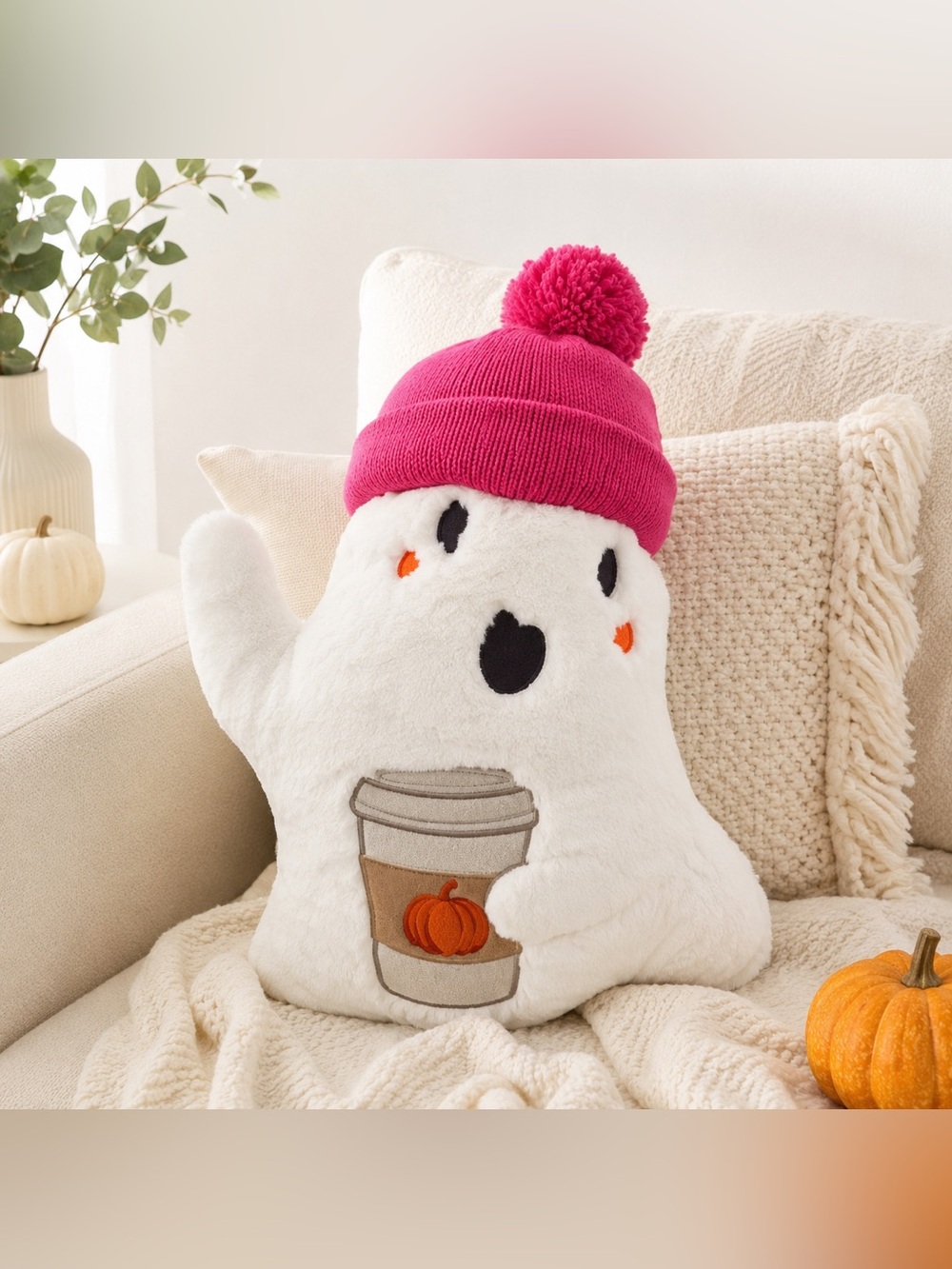 Martha Stewart Ghost Pumpkin Spice Halloween Decorative Pillow Pink Beanie